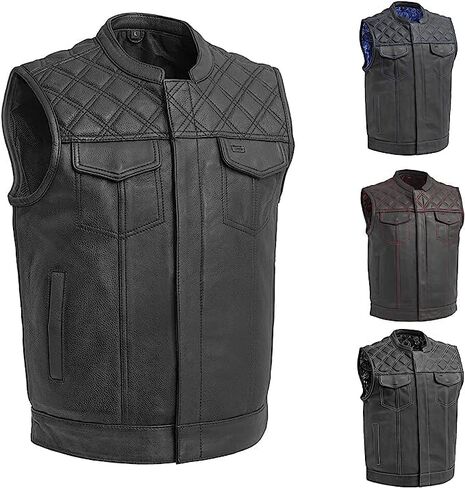 Mens Motorcycle Diamond Stitching Quilted Leather Vest 3" inch shorter with Paisley Liner 4 Colors in Saudi Arabia