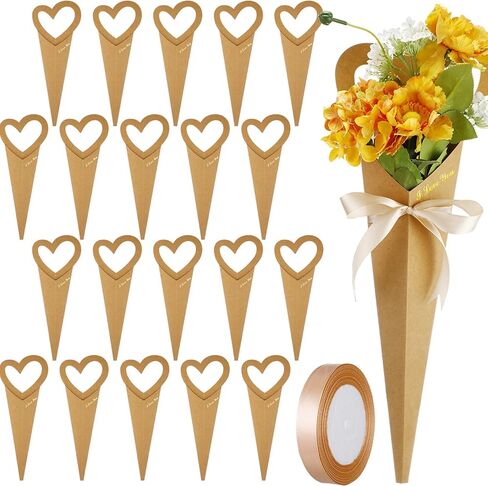 حقيبة باقة زهور التخرج 20 قطعة منthenshop مقاس 18.3 × 7.1 بوصة على شكل قلب وأكمام زهرة واحدة وحقيبة باقة زهور على شكل قلب هدية صندوق زهور مع شريط لهدايا عيد ميلاد الذكرى السنوية لزهرة الورد المفردة (كرافت) in Kuwait