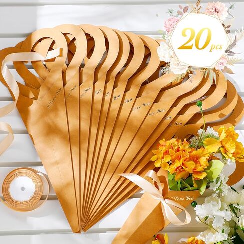 حقيبة باقة زهور التخرج 20 قطعة منthenshop مقاس 18.3 × 7.1 بوصة على شكل قلب وأكمام زهرة واحدة وحقيبة باقة زهور على شكل قلب هدية صندوق زهور مع شريط لهدايا عيد ميلاد الذكرى السنوية لزهرة الورد المفردة (كرافت) in Kuwait