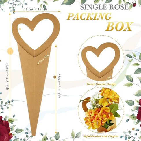 حقيبة باقة زهور التخرج 20 قطعة منthenshop مقاس 18.3 × 7.1 بوصة على شكل قلب وأكمام زهرة واحدة وحقيبة باقة زهور على شكل قلب هدية صندوق زهور مع شريط لهدايا عيد ميلاد الذكرى السنوية لزهرة الورد المفردة (كرافت) in Kuwait