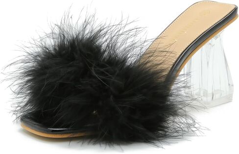Omthanka Women's Square Toe Feather High Heels Mule Sandals Non Slip Transparent High Heels Wedding Bride Party Dress Shoes in Kuwait