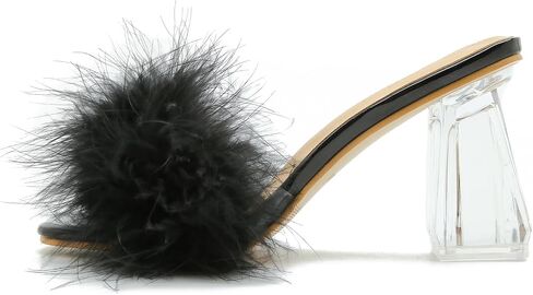 Omthanka Women's Square Toe Feather High Heels Mule Sandals Non Slip Transparent High Heels Wedding Bride Party Dress Shoes in Kuwait