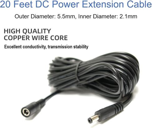 [20AWG] 20ft DC Power Extension Cable Cord for 12V AC DC Power Supply Adapter, CCTV Security Camera, DVR, NVR, LED Light Strips, 12V Home Appliances and More, 5.5 x 2.1mm in Saudi Arabia