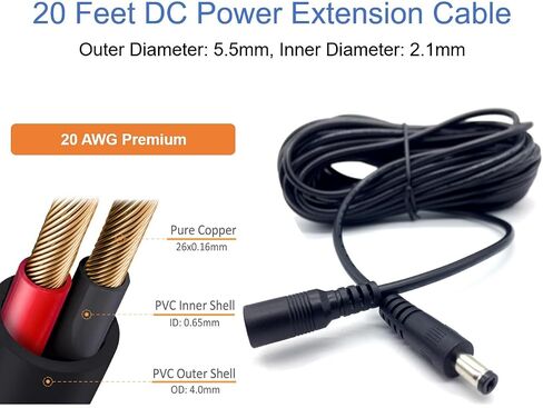 [20AWG] 20ft DC Power Extension Cable Cord for 12V AC DC Power Supply Adapter, CCTV Security Camera, DVR, NVR, LED Light Strips, 12V Home Appliances and More, 5.5 x 2.1mm in Saudi Arabia