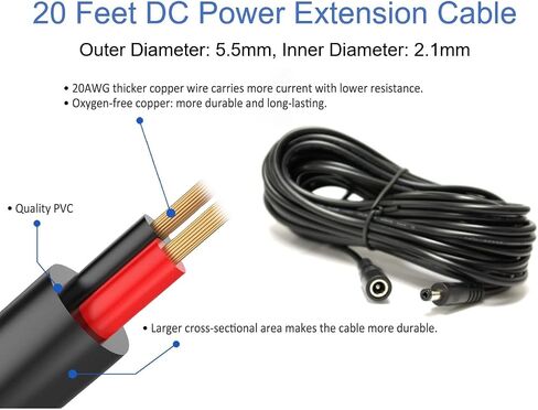 [20AWG] 20ft DC Power Extension Cable Cord for 12V AC DC Power Supply Adapter, CCTV Security Camera, DVR, NVR, LED Light Strips, 12V Home Appliances and More, 5.5 x 2.1mm in Saudi Arabia