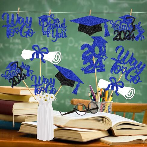 قطع مركزية من Congras Rosegold 24 قطعة من قطع مركزية للتخرج للطاولات 2024 أعواد مركزية للتخرج فئة 2024 من العصي المركزية لديكورات التخرج (أزرق مخضر) in Kuwait