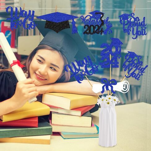 قطع مركزية من Congras Rosegold 24 قطعة من قطع مركزية للتخرج للطاولات 2024 أعواد مركزية للتخرج فئة 2024 من العصي المركزية لديكورات التخرج (أزرق مخضر) in Kuwait