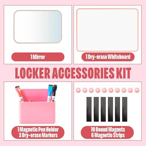 Belle&Beau Locker Accessories Back to School Supplies Kit 22 PCS Locker Organizer School Decorations for Girls Include Whiteboard, Mirror, Pen Holder, Markers, Round Magnets, Magnetic Strips, Pink in Kuwait