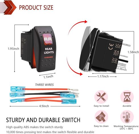 5 Pin Rear Lights Waterproof Rocker Switch Toggle - ON/Off Red 2 LED Light - 12V 20Amp 24V 10Amp, for Automotive Cars Vehicles Marine Boats Trucks Trailers 4x4 Caravans RVs SUV ATV UTV & More in Saudi Arabia