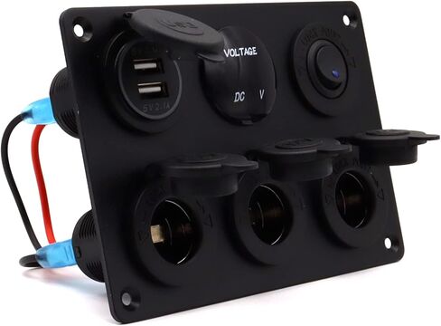 Dual USB Charger Socket Panel for Car, Waterproof 3-Socket 12V Cigarette Lighter Power Outlet Adapter & LED Voltmeter & ON-Off Toggle Switch Multi-Functions Panel for Boat Car RV Truck, for 12-24V Car in Saudi Arabia