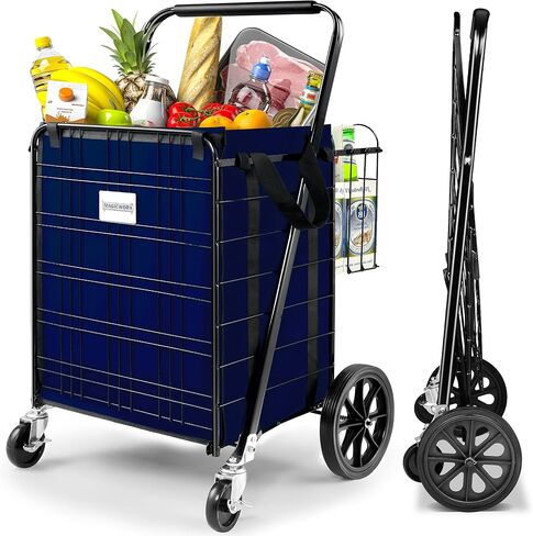 Shopping Cart, 330lbs Jumbo Double Basket Folding Shopping Cart with Waterproof Liner, Foldable Grocery Cart on Wheels with 360°Rolling Swivel Wheels Parking Brake Utility Cart in Kuwait