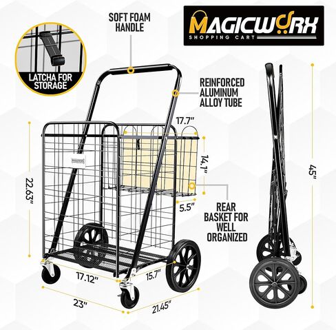Shopping Cart, 330lbs Jumbo Double Basket Folding Shopping Cart with Waterproof Liner, Foldable Grocery Cart on Wheels with 360°Rolling Swivel Wheels Parking Brake Utility Cart in Kuwait