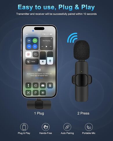 2 حزمة ميكروفون لاسلكي صغير لجهاز iPhone iPad، ميكروفون Lavalier ميكروفون لاسلكي بمشبك لهاتف iPhone، ميكروفون طية صدر السترة Para iPhone Plug-Play لتسجيل الفيديو، المقابلات، Podcast Vlog، YouTube Tiktok in Kuwait