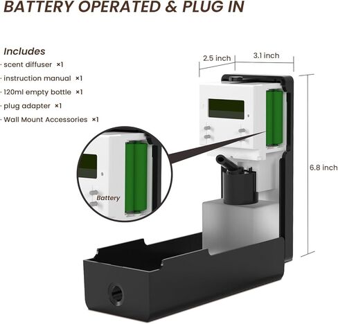 ماكينة هواء معطرة للمنزل، موزع روائح لاسيدول بدون ماء مع هواء بارد تيك، موزع روائح مجموعة الفنادق، سعة 120 مل، تغطية 800 قدم مربع للمنزل، المكتب، المنتجعات الصحية، السيارة، تعمل بالبطارية والتوصيل (أسود) in Kuwait