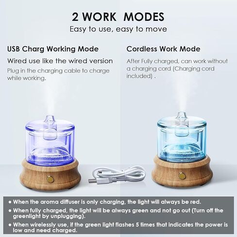 Rechargeable Glass Essential Oil Diffuser with Charging Cord, 80ML Small Cordless Glass Reservoir WoodBase 2 Work Modes Auto-Off 7 Color Light Cool Mist Aroma Diffusers in Saudi Arabia