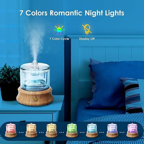 Rechargeable Glass Essential Oil Diffuser with Charging Cord, 80ML Small Cordless Glass Reservoir WoodBase 2 Work Modes Auto-Off 7 Color Light Cool Mist Aroma Diffusers in Saudi Arabia