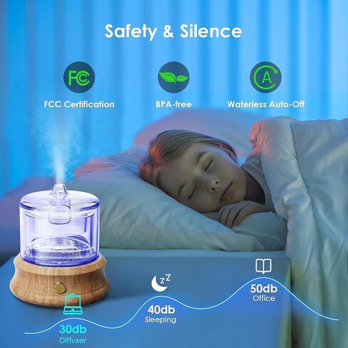Rechargeable Glass Essential Oil Diffuser with Charging Cord, 80ML Small Cordless Glass Reservoir WoodBase 2 Work Modes Auto-Off 7 Color Light Cool Mist Aroma Diffusers in Saudi Arabia
