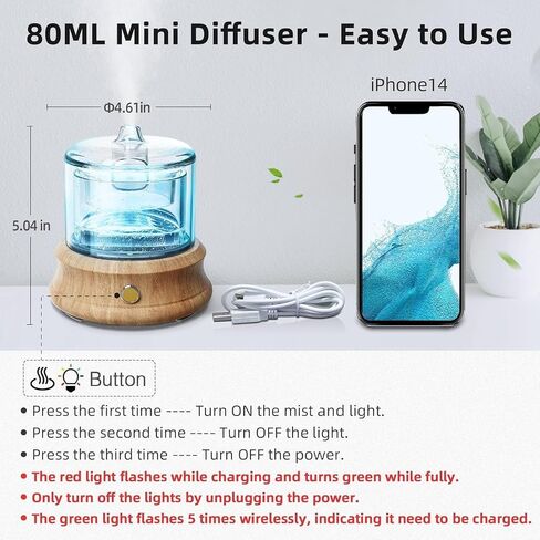 Rechargeable Glass Essential Oil Diffuser with Charging Cord, 80ML Small Cordless Glass Reservoir WoodBase 2 Work Modes Auto-Off 7 Color Light Cool Mist Aroma Diffusers in Saudi Arabia