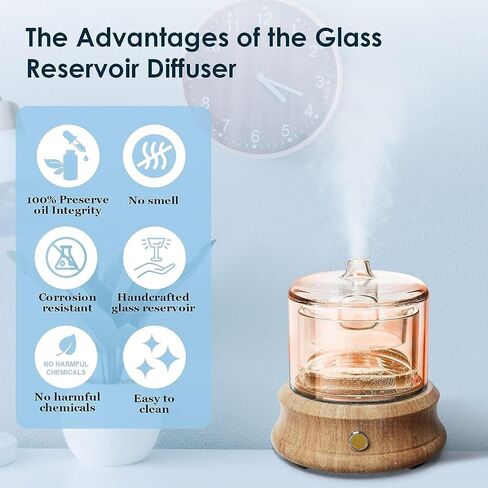 Rechargeable Glass Essential Oil Diffuser with Charging Cord, 80ML Small Cordless Glass Reservoir WoodBase 2 Work Modes Auto-Off 7 Color Light Cool Mist Aroma Diffusers in Saudi Arabia
