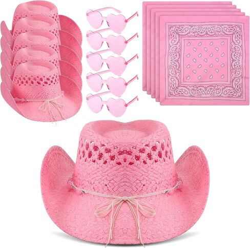 15 Pcs Pink Cowgirl Cowboy Hat Pink Bachelorette Bandanas Heart Sunglasses for Women Western Costume Dress Accessories in Saudi Arabia