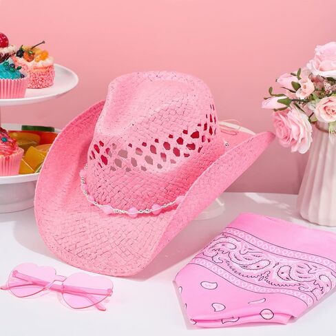 15 Pcs Pink Cowgirl Cowboy Hat Pink Bachelorette Bandanas Heart Sunglasses for Women Western Costume Dress Accessories in Saudi Arabia