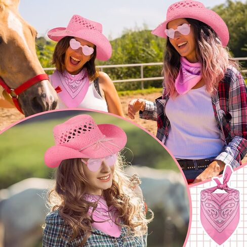 15 Pcs Pink Cowgirl Cowboy Hat Pink Bachelorette Bandanas Heart Sunglasses for Women Western Costume Dress Accessories in Saudi Arabia