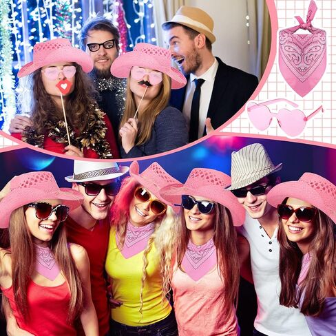 15 Pcs Pink Cowgirl Cowboy Hat Pink Bachelorette Bandanas Heart Sunglasses for Women Western Costume Dress Accessories in Saudi Arabia