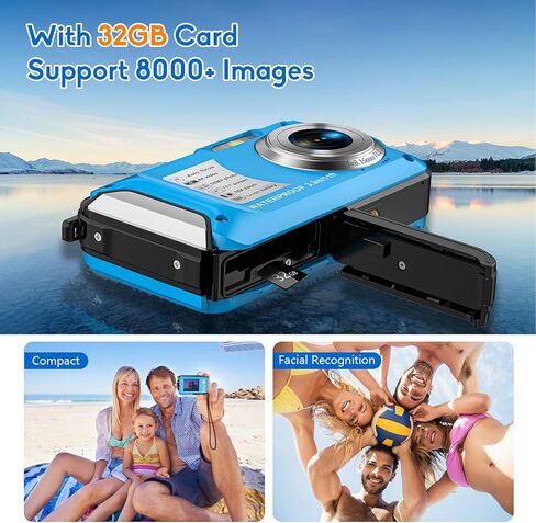 كاميرا مقاومة للماء بدقة 4K مع بطاقة 32 جيجا بايت وكاميرا رقمية مقاومة للماء وضبط تلقائي للصورة بدقة 56 ميجابكسل وكاميرات تحت الماء 16X للغطس وكاميرا رقمية قابلة للطفو مدمجة بطول 11 قدم مع بطارية 1250 مللي أمبير في الساعة in Kuwait