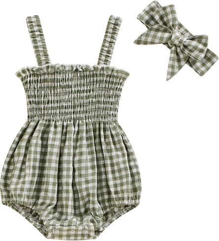 Lamuusaa Newborn Baby Girl Summer Clothes Smocked Sleeveless Romper Cotton Linen Bodysuit Headband Clothes Set 0-18M in Saudi Arabia