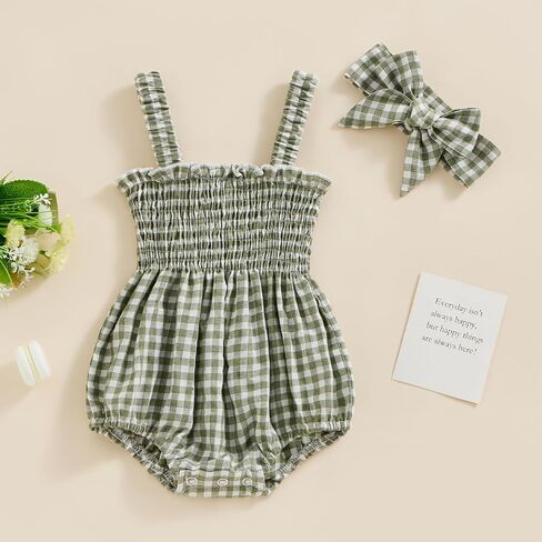 Lamuusaa Newborn Baby Girl Summer Clothes Smocked Sleeveless Romper Cotton Linen Bodysuit Headband Clothes Set 0-18M in Saudi Arabia