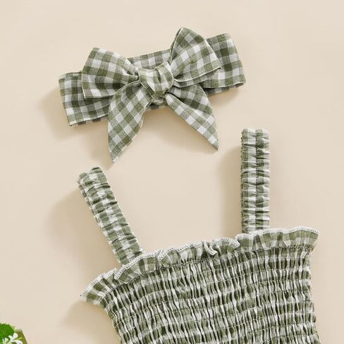 Lamuusaa Newborn Baby Girl Summer Clothes Smocked Sleeveless Romper Cotton Linen Bodysuit Headband Clothes Set 0-18M in Saudi Arabia
