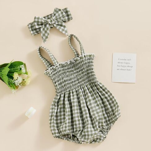 Lamuusaa Newborn Baby Girl Summer Clothes Smocked Sleeveless Romper Cotton Linen Bodysuit Headband Clothes Set 0-18M in Saudi Arabia