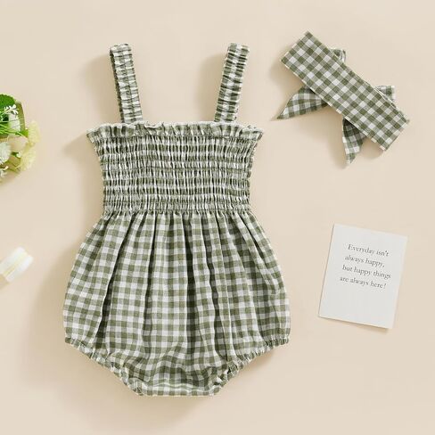 Lamuusaa Newborn Baby Girl Summer Clothes Smocked Sleeveless Romper Cotton Linen Bodysuit Headband Clothes Set 0-18M in Saudi Arabia