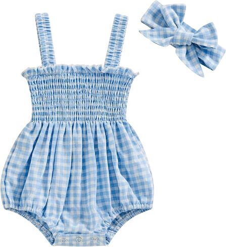 Lamuusaa Newborn Baby Girl Summer Clothes Smocked Sleeveless Romper Cotton Linen Bodysuit Headband Clothes Set 0-18M in Saudi Arabia