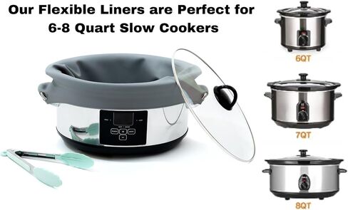Silicone Crock Pot Liners Large Size w/Tongs | Single Reusable Silicone Slow Cooker Liner | Flexible Slow Cooker Liners 3-8 Quart Pots | Easy Clean Crock Pot Liner Bags | Crock Pot Liners 3-8 Quarts in Saudi Arabia