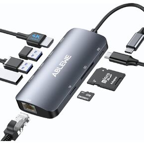 محول USB C Hub متعدد المنافذ، موزع ABLEWE USB-C مع HDMI 4K@60 هرتز، إيثرنت 1 جيجابت في الثانية، 100 وات PD، قارئ بطاقات SD/TF، ​​محطة إرساء 3 منافذ USB 3.0 متوافقة مع أجهزة الكمبيوتر المحمول/الكمبيوتر اللوحي/الكمبيوتر الشخصي/الهاتف in Kuwait
