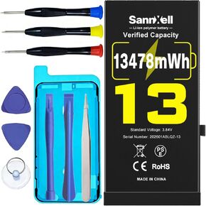SannXell Upgraded High Capacity Battery for iPhone 13 Replacement, 13478mWh 0 Cycle A2482 A2631 A2633 A2634 A2635 Model, Ultra Long Lasting Li-ion Battery with Full Repair Tool Kit in Saudi Arabia