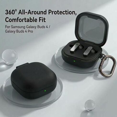 حافظة لهاتف Samsung Galaxy Buds 4/ Galaxy Buds 4 Pro (2026)، غطاء سماعة أذن بلوتوث من السيليكون المقاوم للصدمات مع حلقة تسلق، شحن لاسلكي (أسود) in Kuwait
