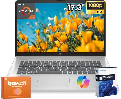 HP 17 inch Business Laptop Computer, AMD Ryzen 5 7430U(6 Core), 17.3" FHD LED 300 Nits Display, 16GB RAM, 512GB SSD, Windows 11 Pro, Copilot AI, Wi-Fi 6, Bluetooth 5.4, HD Cam, Accessories in Kuwait