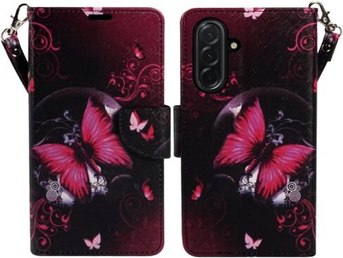 Zase Design for Samsung Galaxy A17 5G Wallet Phone Case Protective Flip Cover [RFID Blocking] Premium PU Leather Purse w/Kickstand ID Credit Card Slot Wrist Strap Magnetic Lock (Black Pink Butterfly) in Saudi Arabia