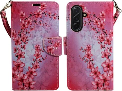 Zase Design for Samsung Galaxy A17 5G Wallet Phone Case Protective Flip Cover [RFID Blocking] Premium PU Leather Purse w/Kickstand ID Credit Card Slot Wrist Strap Magnetic Lock (Black Pink Butterfly) in Saudi Arabia
