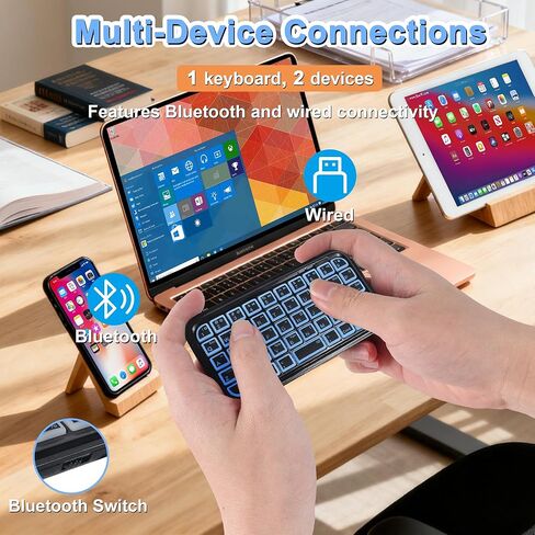 Bluetooth Keyboard Ultra Slim Mini Wireless Keyboard with Backlight Wired & Bluetooth Rechargeable Silent Pocket Travel Size Handheld 49 Key Cordless Keypad for Smartphone Laptop Android Windows Mac in Kuwait