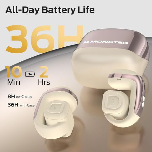 Monster Airclip AC210 Open Ear Headphones, Clip-On Earbuds, Lightweight Comfort, Secure Fit, Crystal-Clear Call, IPX6, 36H Playtime, Bluetooth 6.0 Wireless Earbuds for Running/Cycling/Gym (White) in Kuwait