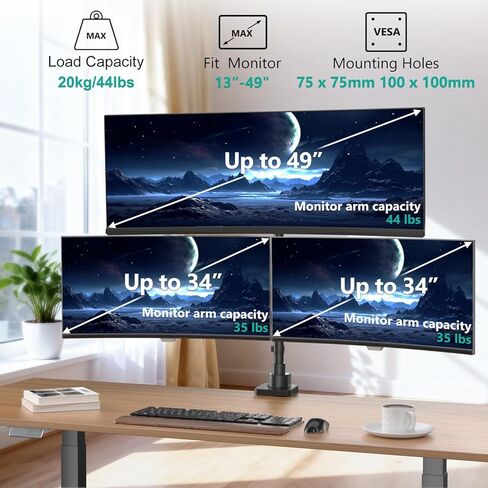 WALI Triple Monitor Mount, up to 49'' Ultrawides on Top Bracket and 34'' Screens on Side Brackets, Extra Tall 3 Monitors Desk Mount, Heavy Duty Monitor Arm up to 44 lbs (GSDM003N-P), Black in Kuwait