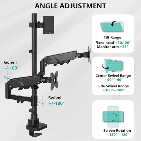 WALI Triple Monitor Mount, up to 49'' Ultrawides on Top Bracket and 34'' Screens on Side Brackets, Extra Tall 3 Monitors Desk Mount, Heavy Duty Monitor Arm up to 44 lbs (GSDM003N-P), Black in Kuwait