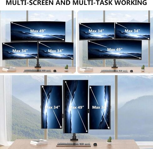 WALI Triple Monitor Mount, up to 49'' Ultrawides on Top Bracket and 34'' Screens on Side Brackets, Extra Tall 3 Monitors Desk Mount, Heavy Duty Monitor Arm up to 44 lbs (GSDM003N-P), Black in Kuwait