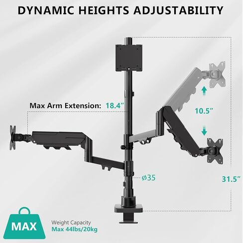 WALI Triple Monitor Mount, up to 49'' Ultrawides on Top Bracket and 34'' Screens on Side Brackets, Extra Tall 3 Monitors Desk Mount, Heavy Duty Monitor Arm up to 44 lbs (GSDM003N-P), Black in Kuwait