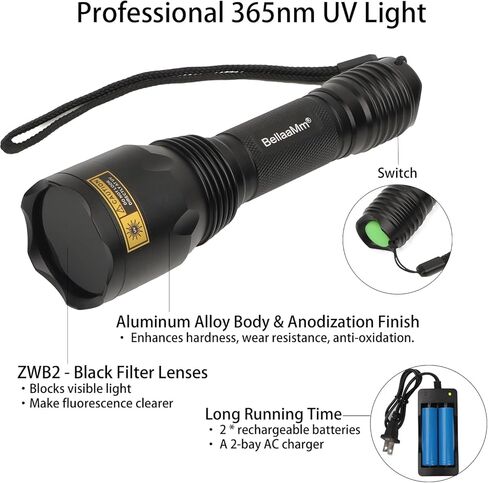 C10 365nm الأشعة فوق البنفسجية مصباح يدوي Blacklight مشاعل مع تصفية، Longwave 365 نانومتر ضوء الأشعة فوق البنفسجية ضوء أسود للكشف عن البول للحيوانات الأليفة، العقرب، الصخور in Kuwait