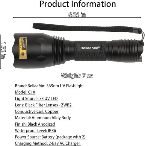 C10 365nm الأشعة فوق البنفسجية مصباح يدوي Blacklight مشاعل مع تصفية، Longwave 365 نانومتر ضوء الأشعة فوق البنفسجية ضوء أسود للكشف عن البول للحيوانات الأليفة، العقرب، الصخور in Kuwait