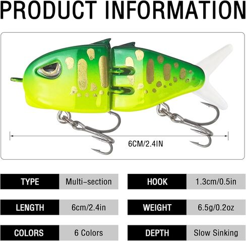 6 Pack Mini Glide Baits, Multi Jointed Swimbaits Slow Sinking Raptor Fishing Lure for Bass Pike 0.51in/0.23oz in Kuwait